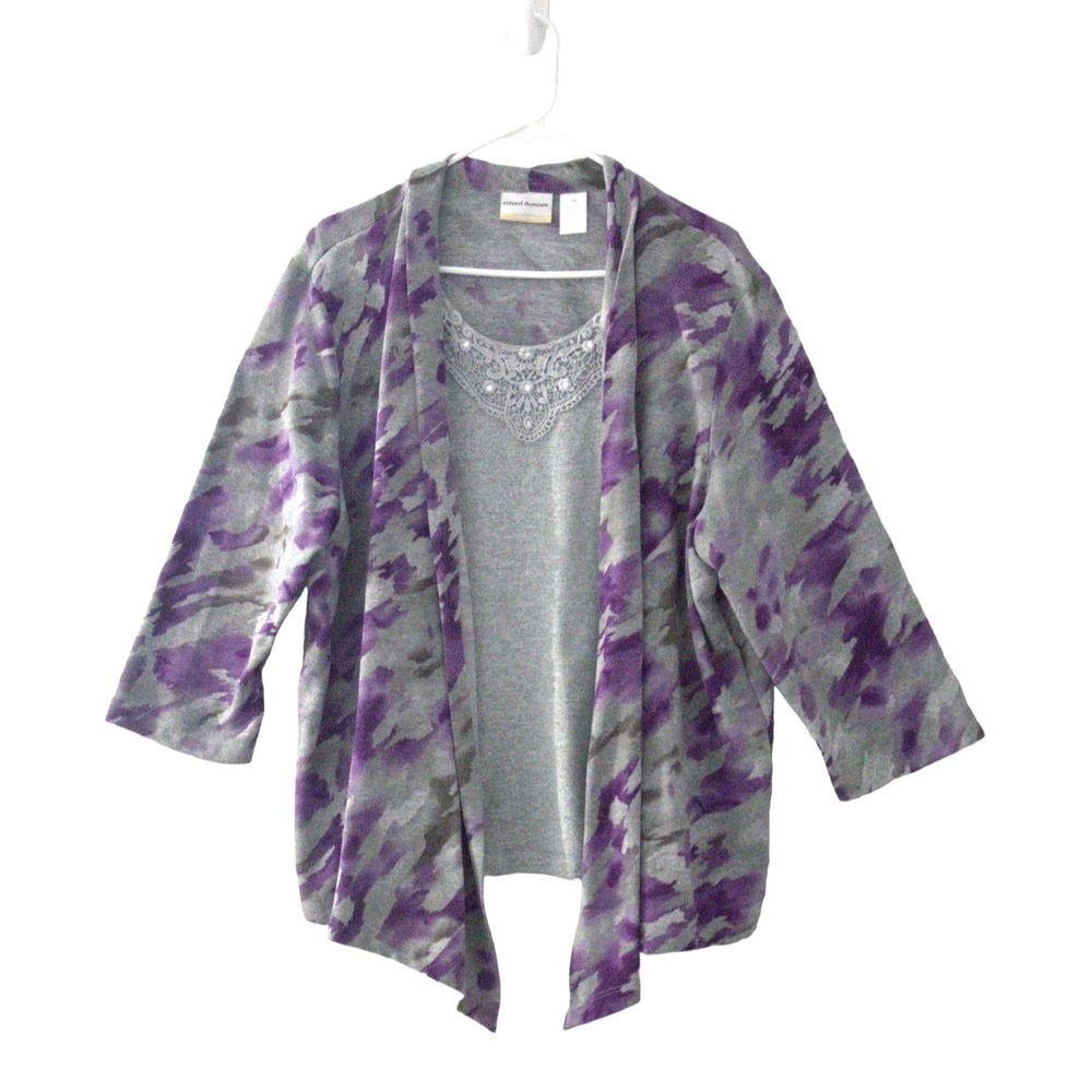ALFRED DUNNER Sz 2X Womens Faux Layered Purple Crochet Sequin Waterfall Cardigan
